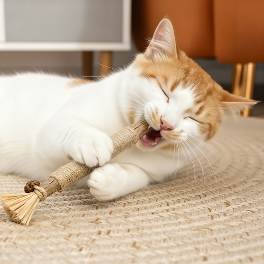 Gato mordiendo el palito de matatabi